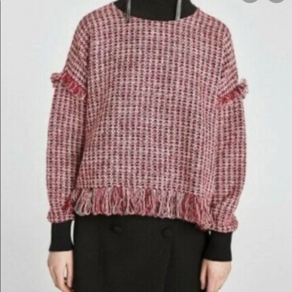 Zara Red Black Mock-Neck Tweed Fringe Pullover Sweater - Picture 2 of 9